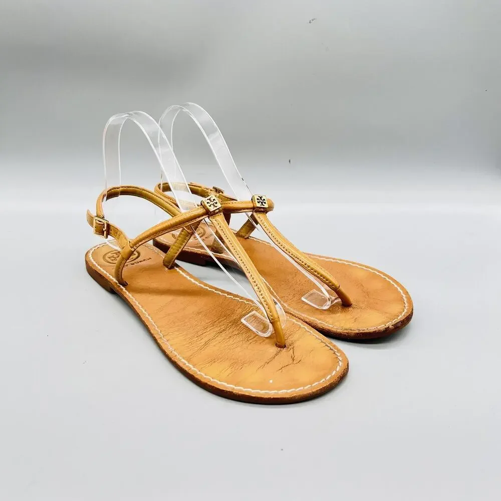 Tory Burch Sandals Womens 7 Beige Leather Thong Ankle Strap Logo Flat Shoes